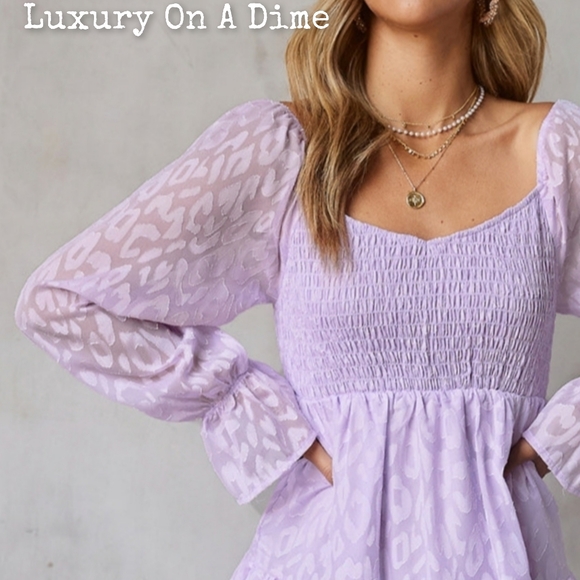 SOLD OUT at LUXONADIME.COM Leopard Dress Purple Sheer Long Sleeve Babydoll Mini - Picture 7 of 12